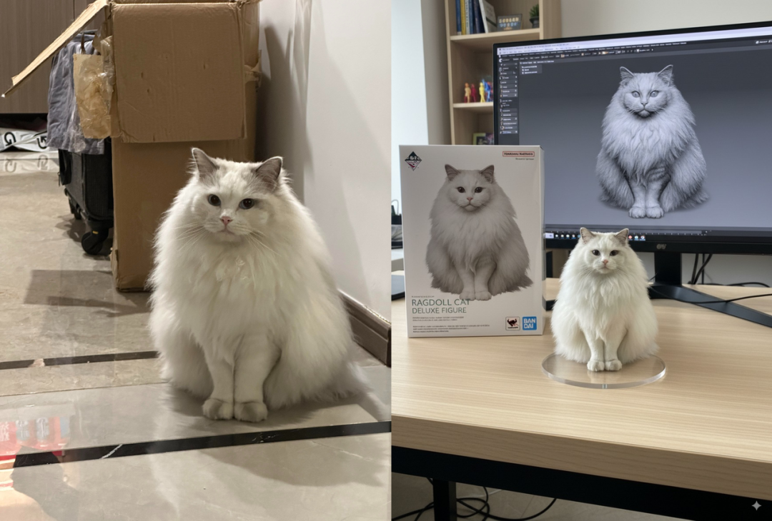 Nano Banana AI transformación figura mascota - foto gato realístico convertida en figura coleccionable detallada con texturas patas precisas y detalle bigotes