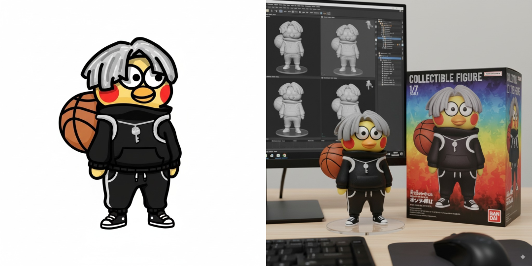 Nano Banana AI creación figura personalizada - retrato personal transformado en figura coleccionable profesional con exhibición escritorio y empaquetado obra original