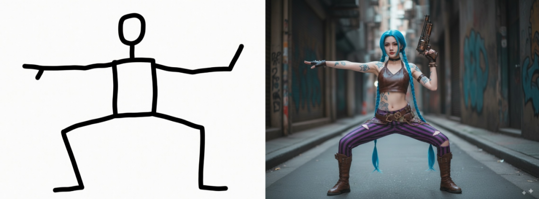 Nano Banana AI técnica transferencia pose - dibujo simple figura palo convertido en pose acción dinámica personaje con interpretación movimiento