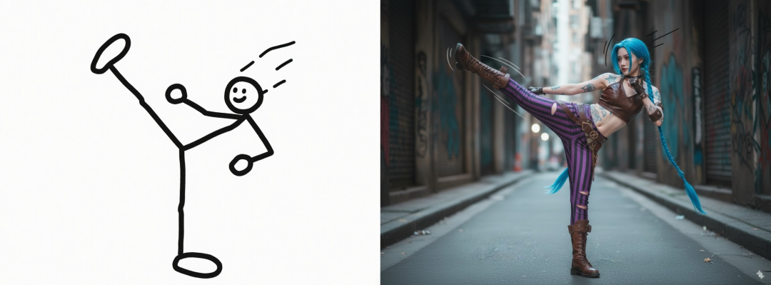 Nano Banana AI creación pose dinámica - personaje realizando pose acción con líneas movimiento estilo anime y efectos visuales ruptura dimensional