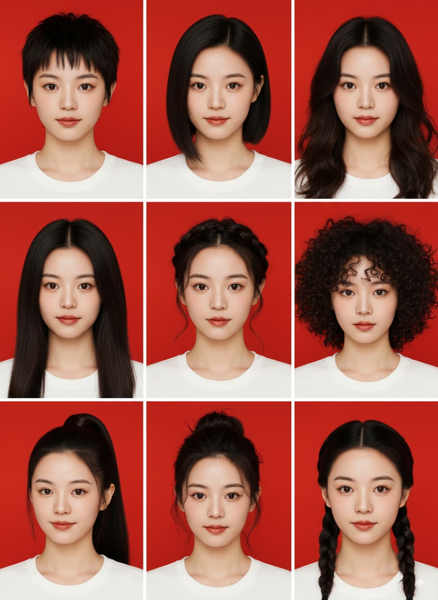 Nano Banana AI prompt variación de peinados - instrucción para generar fotos ID profesionales con diferentes peinados y características consistentes