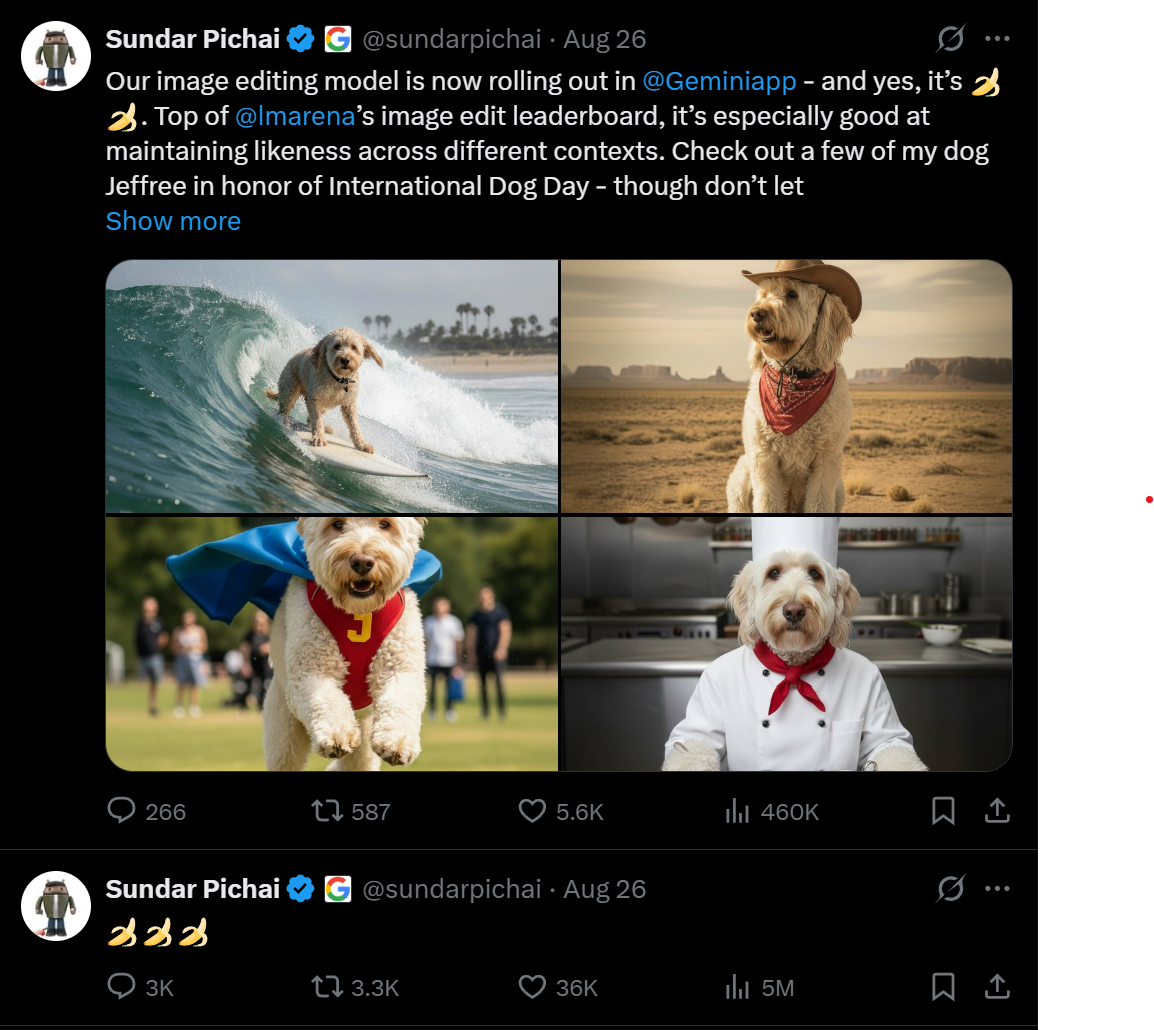 Sundar Pichai's official Twitter announcement featuring Nano Banana AI emojis - Google CEO reveals groundbreaking image editing technology